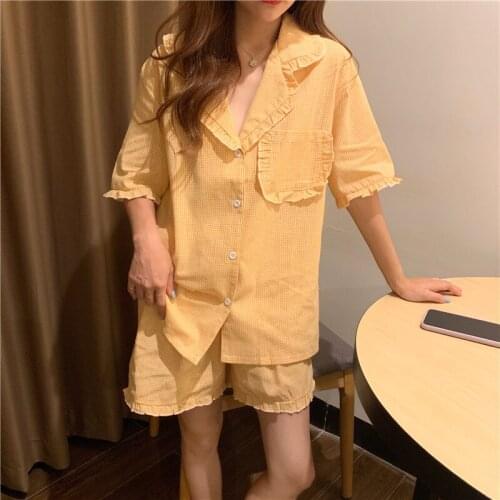 Cotton Linen Ladies Red Plaid Sleepwear Set Sweet Pajamas Suit Korean Nightwear Loose Pocket Lapel Home Clothes Ruffle Pyjamas