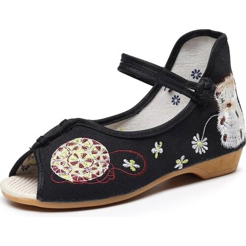 2021 New Women Sandals Hedgehog Embroidered Peep Toe Wedge Sandals Instep Strap Ladies Comfort Summer Canvas Costume Shoes