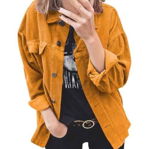 Puloru Women Autumn Corduroy Shirts Coats Solid Color Casual Long Sleeve Button-down Cardigan Tops Solid Turn-down Collar Jacket