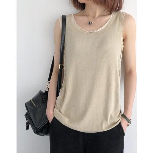 Vintage Pure Cotton Camisole Womens Summer 2021 New Solid Color Bottoming Sleeveless Inner With Raw Trim Round Neck Top ZH391