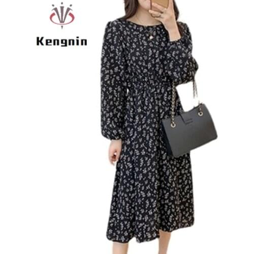 2021 Autumn Womens Tunic Chiffon Dress Print Floral Long Sleeve Lady Vestidos Dresses Loose Oversized A-Line Robe Dress KE1710