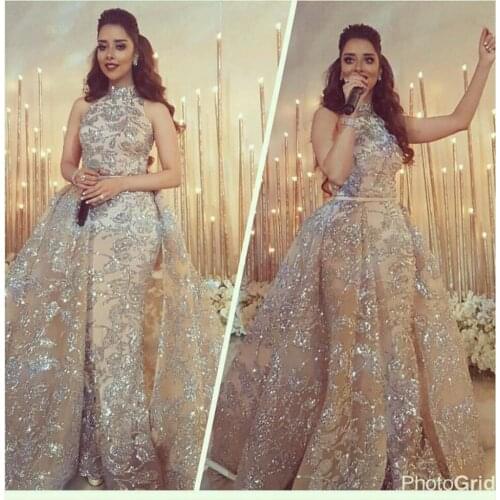 SoAyle High Neck Silver Glitter Evening Dresses Yousef 2017 Design Sparkle Vestidos De Festa Robe De Soiree