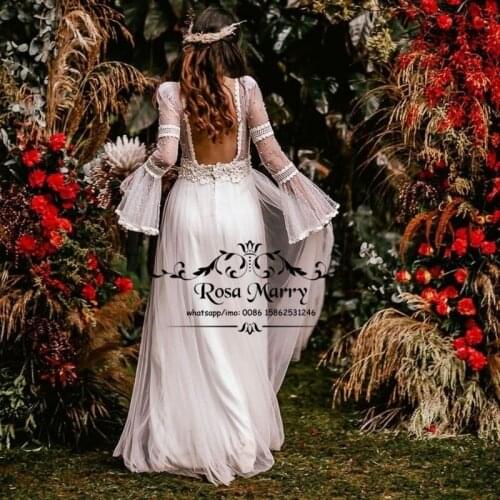 2021 Boho Beach Wedding Dresses A Line Backless Long Sleeves Vintage Lace Greek Style Hippie Robe De Mariage Bridal Gowns