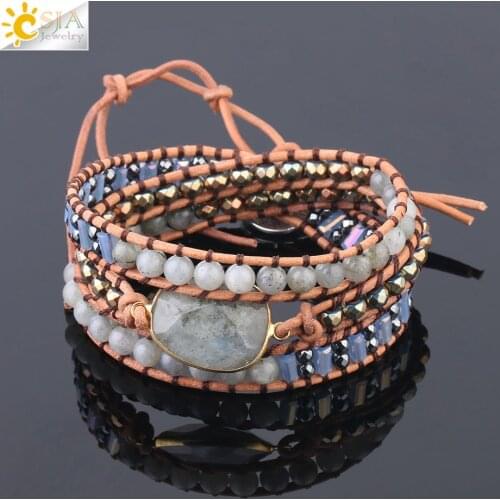 CSJA 2020 Labradorite Bracelets Natural Stone Leather Wrap Bracelet 6mm Beads Semi-Precioius Gem Pulsera Fathers Day Gift F612