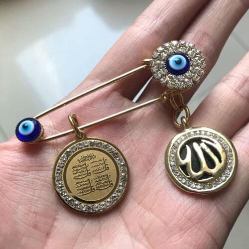 Turkish evil eye Allah four Qul suras Stainless steel muslim brooch baby pin accept drop shipping