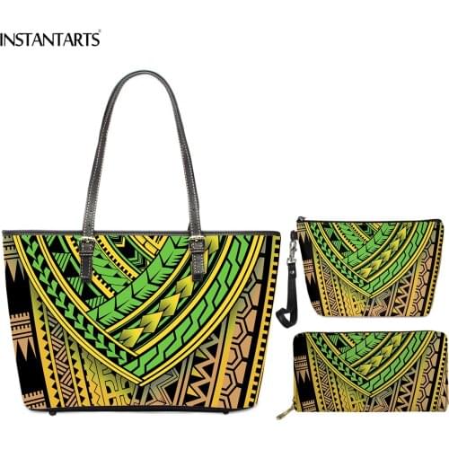 INSTANTARTS Polynesian Tribe Art Pattern Women Shoulder Bag Leather Top-Handbag PU Tote Handbag 3pcs with Makeup Case Wallet