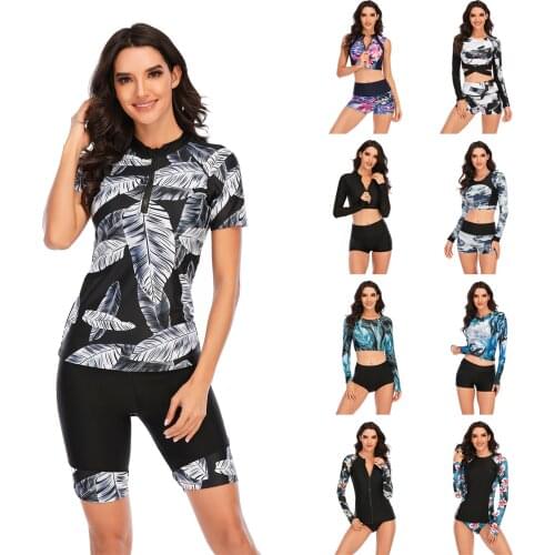 Lady Two Pieces Swimsuit Print long Sleeve Women zipper Rash Guard Swimwear Bathing Suit female Surfing Swimming Suit UV Protect