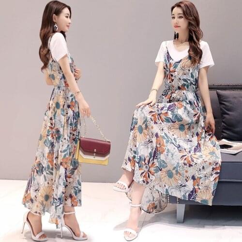Two-Piece Summer Chiffon Suspender Floral Print T Shirt Short Sleeve V-Neck Ankle-length A-Line Big Swing Cocktail Dresses 9747