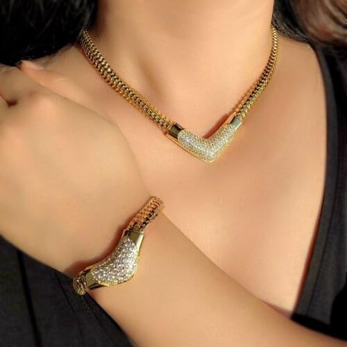 Fashion Dubai Jewelry Sets For Women Luxury Heart Necklace Bracelet Gold color Snake bone Chain Bridal wedding girl jewelry set