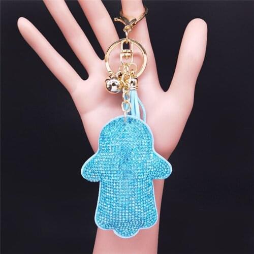 Fashion Islam Hamsa Hand Crystal Keychains Women Blue Gold Color Tassel Bag Accessories Jewelry llaveros para mujer K2525S01