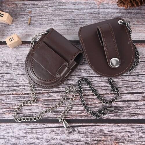 Fashion Pu Leather Vintage Classic Pocketed Watch Box Holder Storage Case Coin Pouch Storage With Chain