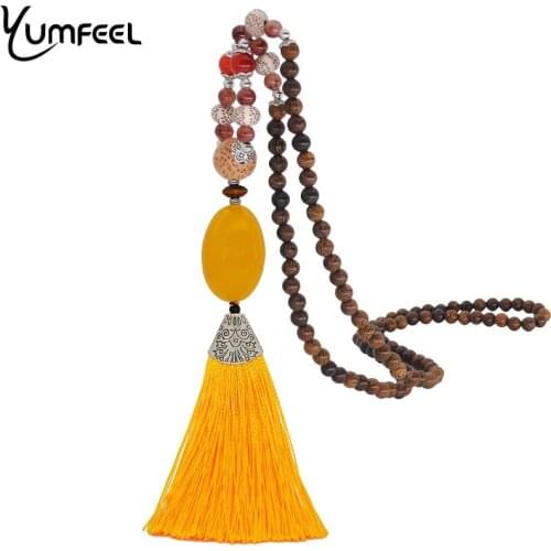Yumfeel New Women Jewelry Necklace Handmade Wood Beads Natural Stone Yellow Tassel Necklace Gifts