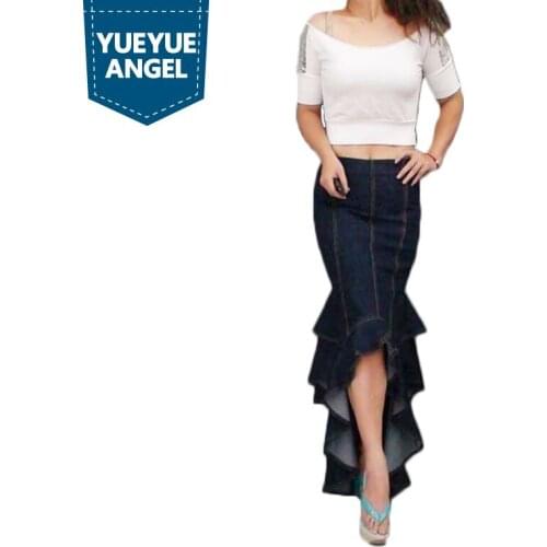 New Ruffles Denim Skirts European And American Style Womens Mermaid Jeans Maxi Skirt Lady Blue Irregular Party Skirt Female