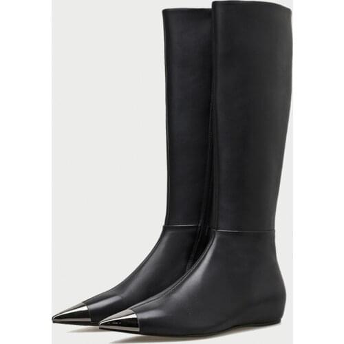 MUMANI 2021 New Woman‘s Knee-High Boots Genuine leather zipper Pointed Toe Height Increasing Motorcycle Martin Boots