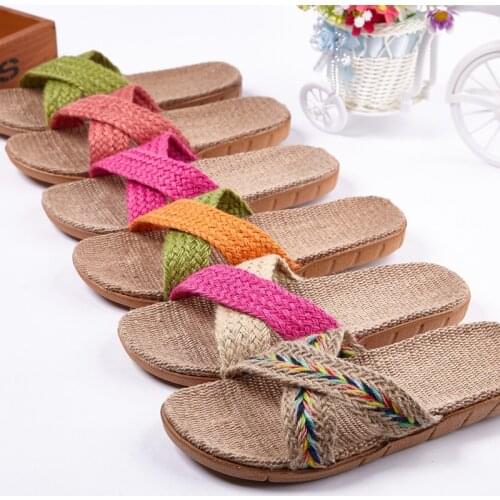 Wholesale Womens Flax Slippers Indoor Bathroom Couple Home Shoes Female/Male Cross Stripes Flip Flops Ladies/Men Linen Slides