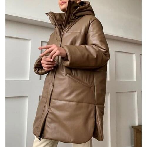 CP Loose Thick Parkas Women Vogue Autumn Winter Faux Leather PU Coats Women Elegant Brown Hooded Cotton Jackets Female Ladies