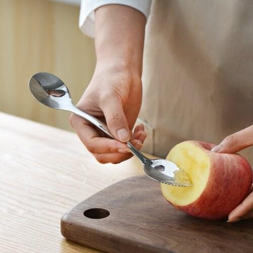 Long Handle Stainless Steel Sawtooth Fruit Spoons Kitchen Apple Butter Mashed Fruit Spoon double-headed Ball Digging Shovel