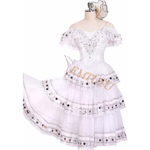 Don Quixote Kitri Professional Ballet long Tutu White Silver Spanish Paquita Ballet Tutu Dress Adult Stage Performance Costume