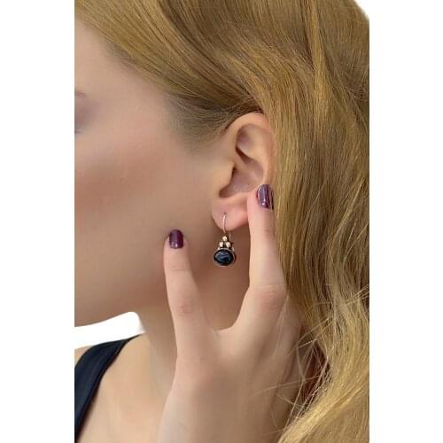 Black Oltu Cubic Zirconia Oval Authentic Hand Production 925 Silver Earrings