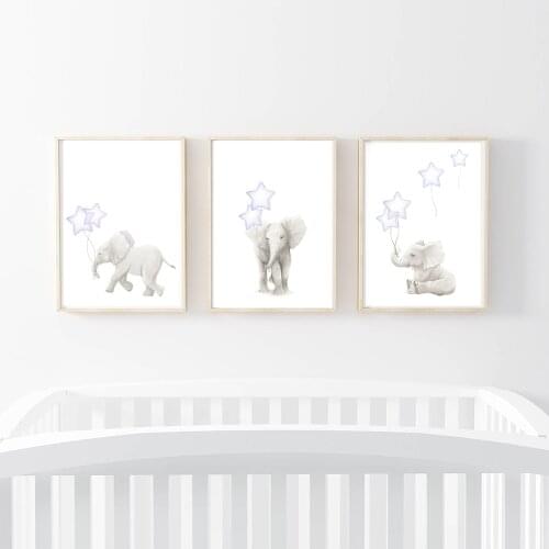 Gray Elephant Star Canvas Children Poster Print Baby Girl Nursery Wall Art Picture Painting Nordic Kids Bedroom Decoration Decor