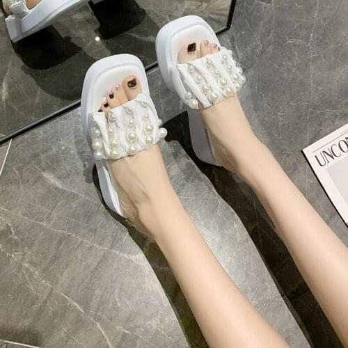 Flip-Flops Sweet Casual Ladies Slippers Summer Trend Simple Pure Color Pearl Thick-Soled Beach Shoes Outer Wear Large Size 35-40