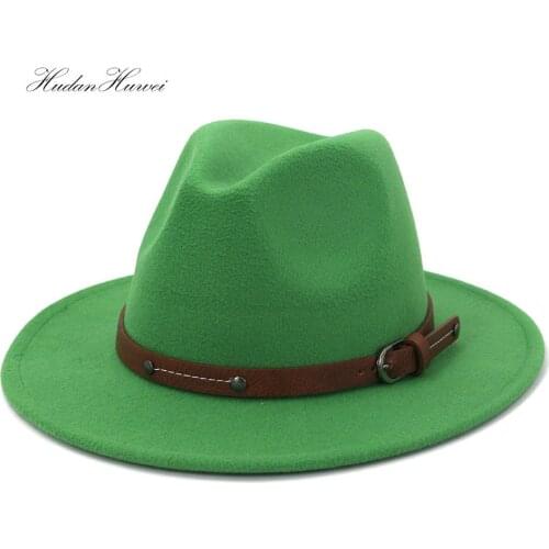 European American Fall Winter Men Women Solid Pink Camel White Black Jazz Panama Woollen Felt Fedora Hat with Wide Brim