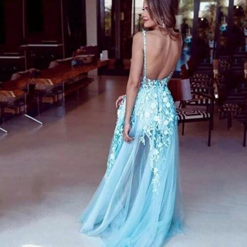 Sexy V neck Ilustion Flower Special Occasion Evening Gowns Custom Made Sexy Blue Tulle Prom Dresses robe de soirée de mariage