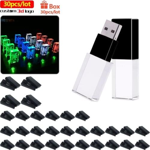 30pcs/lot usb 2.0 4GB 8GB 16GB 32GB ferr logo transparent glass crystal usb flash drives with LED light pendrive For business
