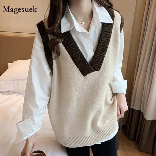 Vintage Winter Women Sleeveless Sweater V-neck Vest Autumn New Hong Kong Style Knitted Vest Casual Loose Sweaters Tops 12408