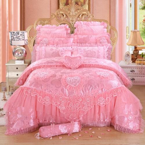 Oriental Lace Pink Red Wedding Bedding Set Queen King size Cotton Bedspread Bed cover Duvet Cover Queen King size parure de lit