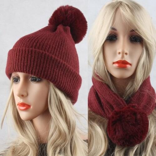 2018 Winter Wool Hat Scarf Fur Pom pom Hats For Women Warm Knitted Beanies Ladies Casual Cap Skullies