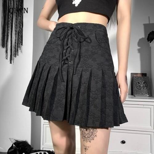 Retro Bandage Black Skirt Goth Aesthetic Floral Jacquard High Waist Pleated Skits Harajuku Punk Lace Up Women Outfits