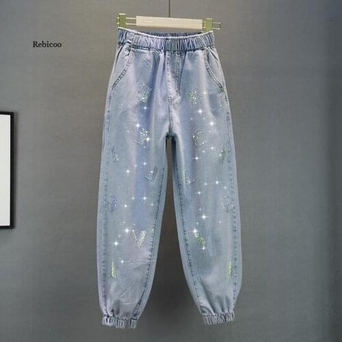 Large Size Beading Loose Women Jeans 2021 New Spring High Waist Ankle Length Pants Drawstring Female Denim Trousers