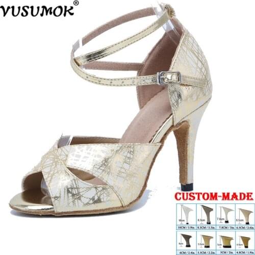 VUSUMOK Women Dance Shoes Satin Shining rhinestones Soft Bottom Latin Dance Shoes Woman Salsa Dance Ballet Shoes Heel 7.5cm