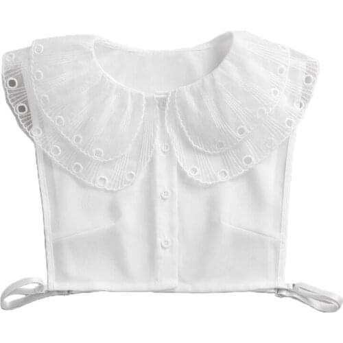 Women Double Layer Hollow Out Large Lapel False Fake Collar Butterfly Ruffles Detachable Half Shirt Button Dickey