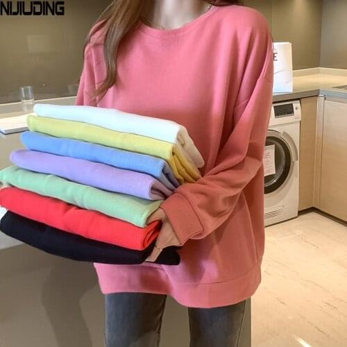 NIJIUIDNG 2020 Autumn Long Sleeve Casual Cotton Tops Womens Solid Loose O-Neck Pullover Polyester Student Sweatshirts Female