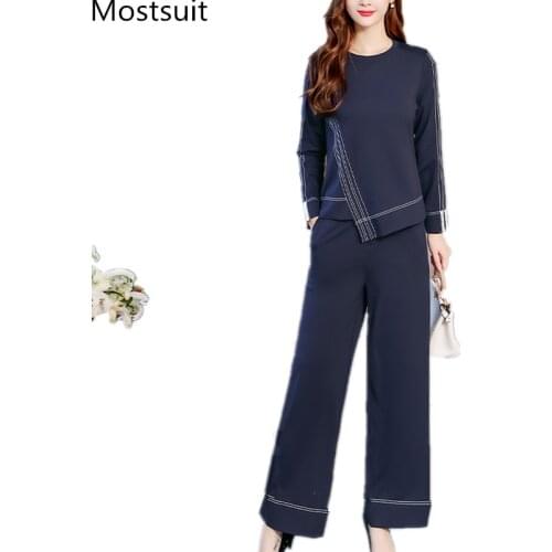 2019 Autumn Blue Two Piece Sets Outfits Women Plus Size Long Sleeve Tops And Pants Suits Office Elegant Korean 2 Piece Sets
