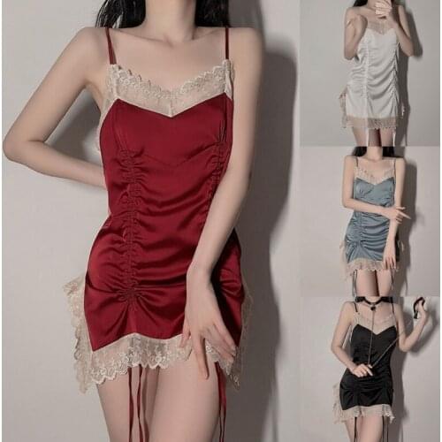 Womens Fold Lingerie V Neck Sexy Sleepwear Strap Chemise Lace Patchwork Slim Sleeveless Elastic Nightgown Pajamas