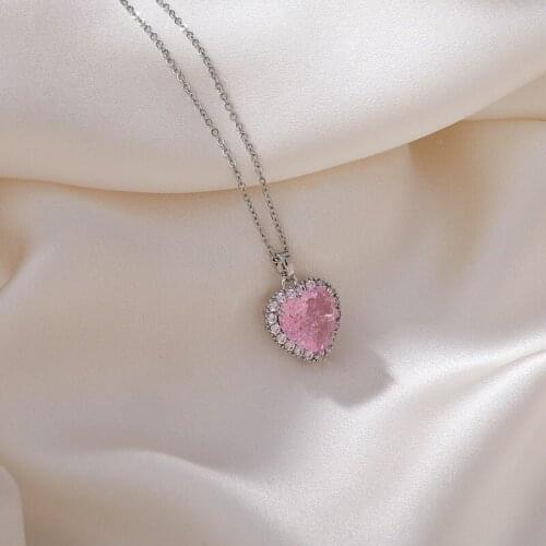 VSnow Bling Bling Sweet Pink Love Heart Pendant Necklace for Women Girls Fashion Rhinestone Silver Color Metal Necklace Jewelry