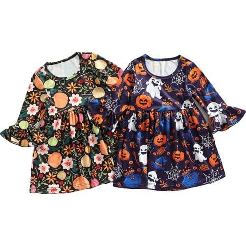 6M-4T Kids Girl Halloween Dress Outfit Pumpkin Ghost Print Round-Neck Long Flared Sleeves Dress for Baby Toddler Infant Party