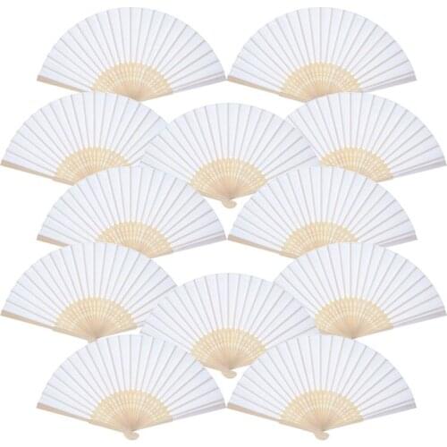 12 Pack Hand Held Fans White Paper fan Bamboo Folding Fans Handheld Folded Fan for Church Wedding Gift, Party Favors, DIY Decora