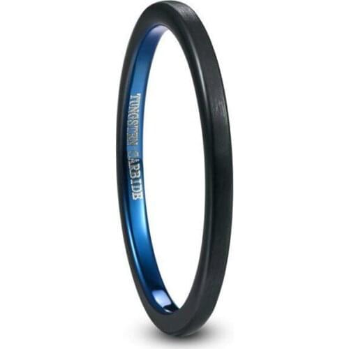 2mm Wide Thin Electroplated Black+blue Surface Brushed Tungsten Steel Mens Ring Black Tungsten Carbide Ring Anillos