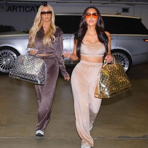 Articat Winter Velvet Hooded Crop Jacket and Tracksuit Joggers 3 Pieces Set Women High Waist Tracksuit Casual Womens Outfits