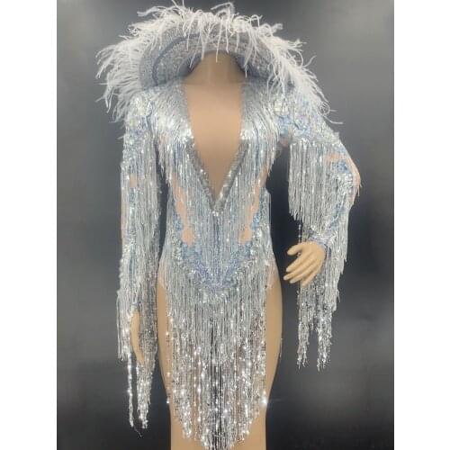Shining Sequin Fringe Bodysuit Women Singer Clothes Long Sleeve Rave Feather Hat Prom Nightclub Dj Gogos Dance Stage Costume