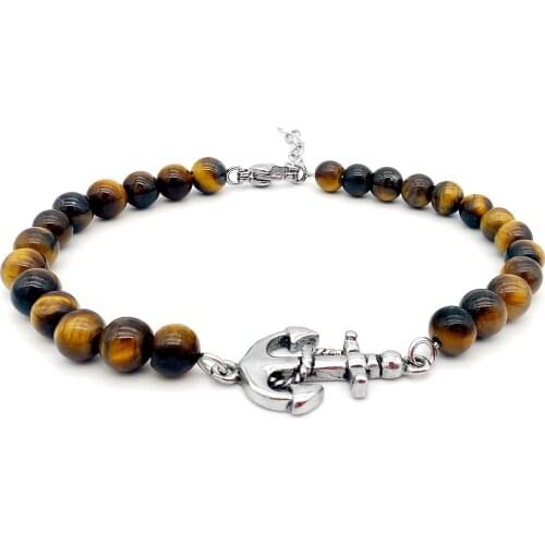 Runda Mens and Womens Beaded Bracelets Tiger Eye 18+3cm Anchor Stainless Steel Jewelry Fashion New Products