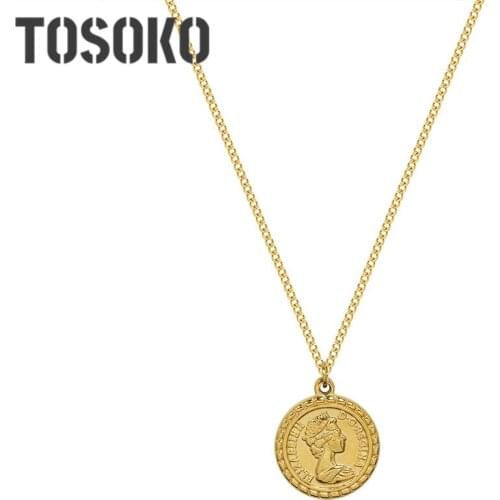 TOSOKO Stainless Steel Jewelry Queen Figure Double Sided Pendant Necklace Round Embossed Female Fashion Clavicle Chain BSP1104