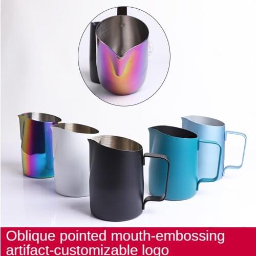 Stainless steel cylinder bevel coffee spent beak professional embossing artifact garland cup coffee color 450 ml milk cylinder