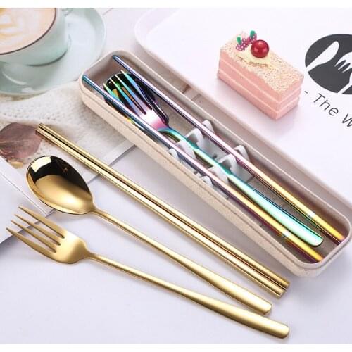 Color portable tableware set Korean 304 stainless steel chopsticks spoon Fork outdoor camping tableware three-piece set cutlery