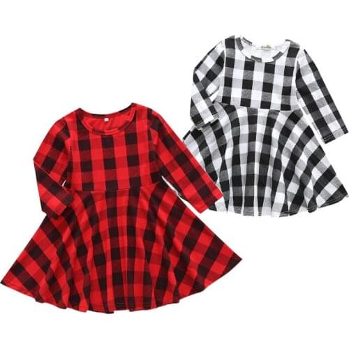 Hot Sale 2020 New Girls Autumn Long Sleeve Red Plaid Round Neck Dress