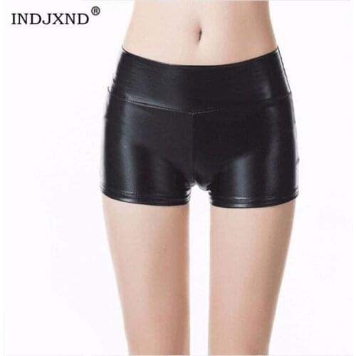INDJXND Women Summer Fashion High Waist Shorts Shiny Metallic Slim Night Club Party Elastic Dance Clubwear Mini Golden Bottom